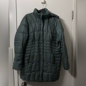 Eddie Bauer Quilted Long Puffer Goose Down Coat in Olive Green